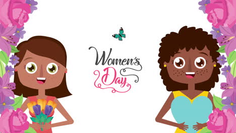 happy womens day card with girls and lettering