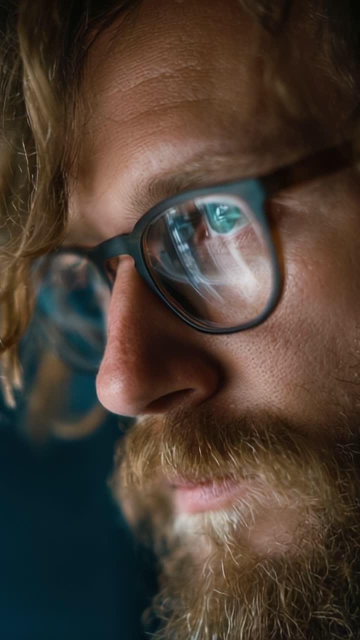 Primo piano di una persona pensierosa con gli occhiali, che mostra riflessi complessi nei suoi occhi ed enfatizza la texture della barba e dei capelli