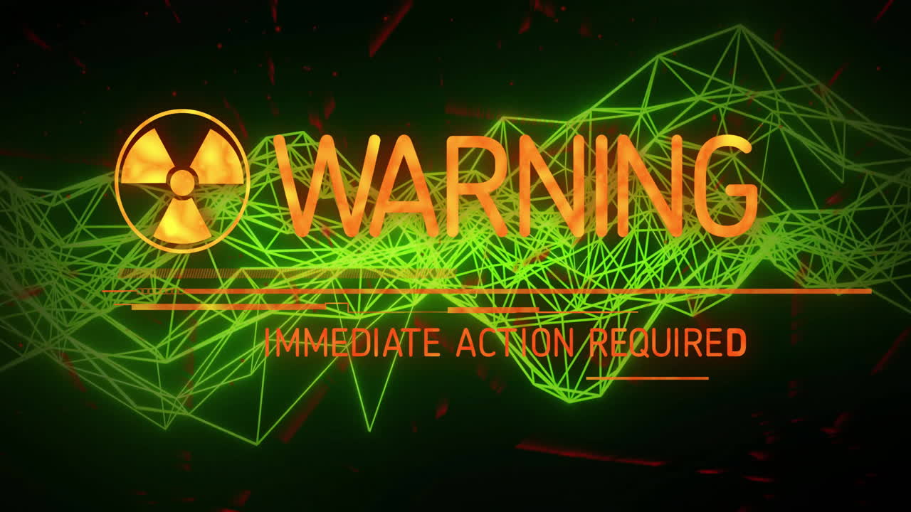 Radiation symbol with warning text over green geometric network background animation