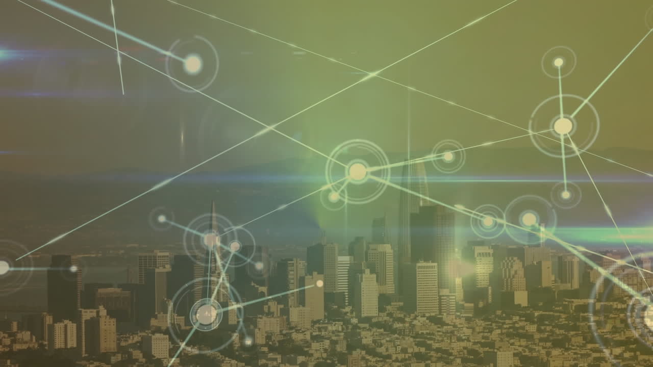 Animazione di una rete di connessioni con elaborazione dati su un paesaggio urbano