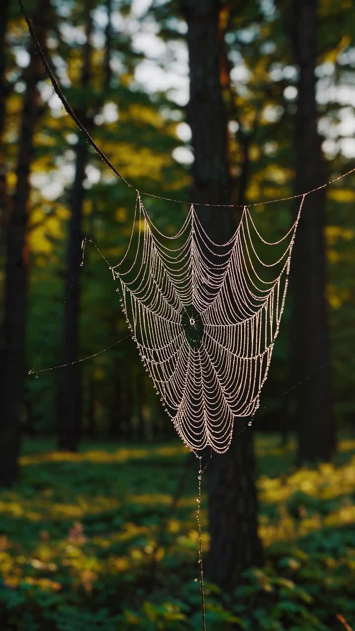 Una serena scena forestale catturata all'altezza degli occhi, con la luce del sole che filtra tra gli alberi