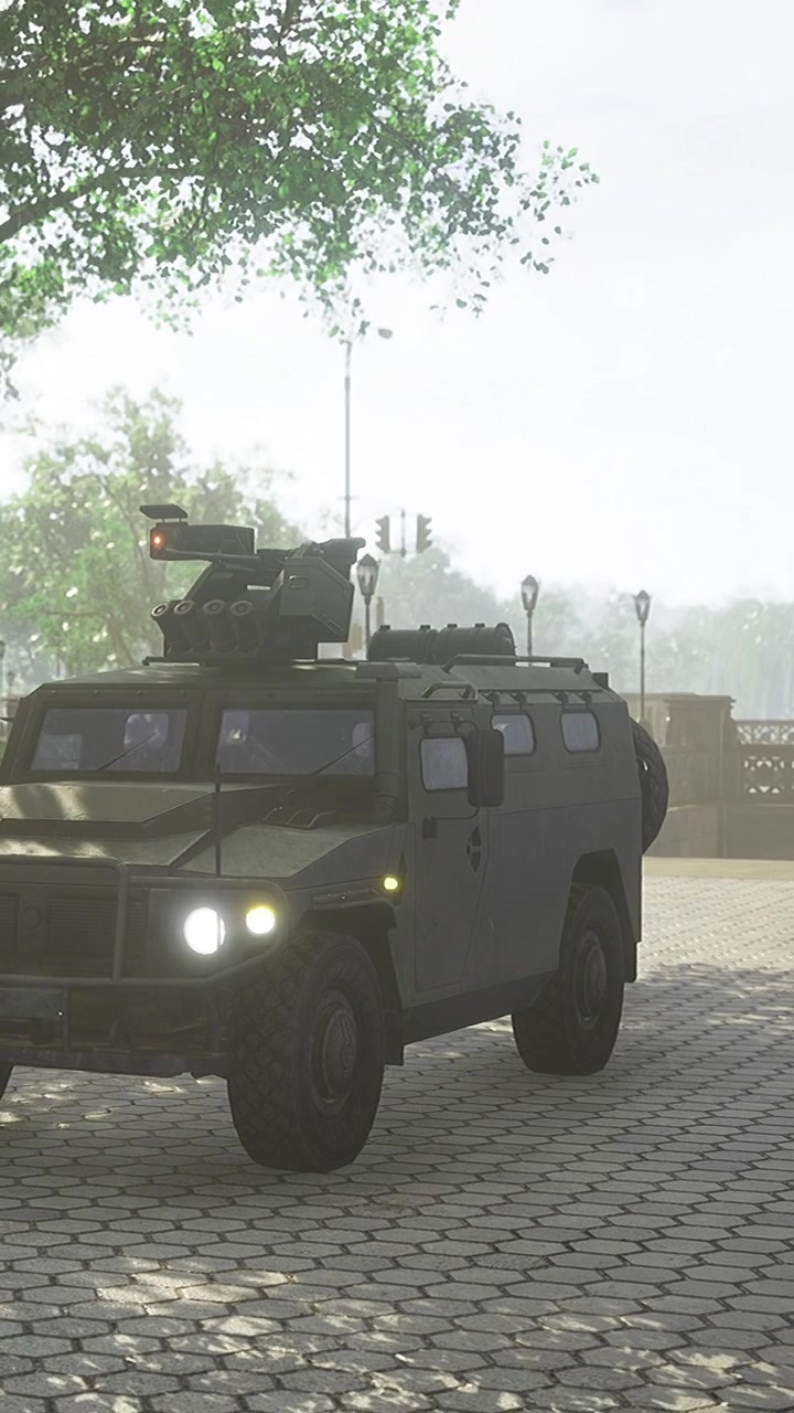 Military vehicle parked in urban area during early morning hours