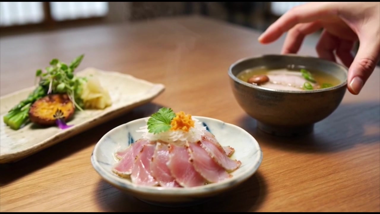 日本の刺身の隣に温かいスープのボウルを置く手