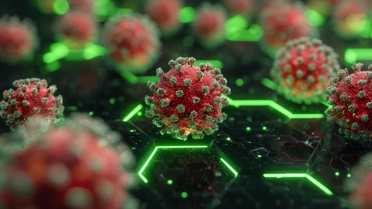Visualización detallada de partículas virales: Exploración de la intrincada estructura y el entorno de patógenos bajo un brillo verde futurista