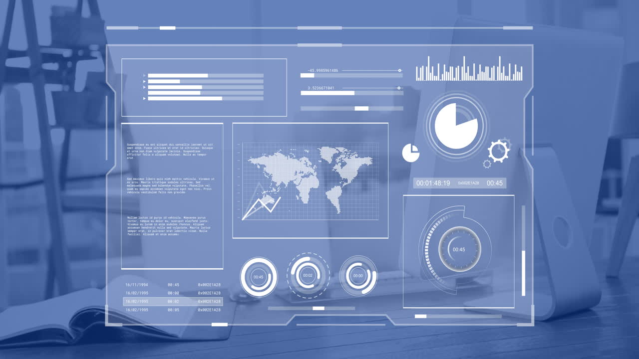 Animation of financial data processing over desk in office