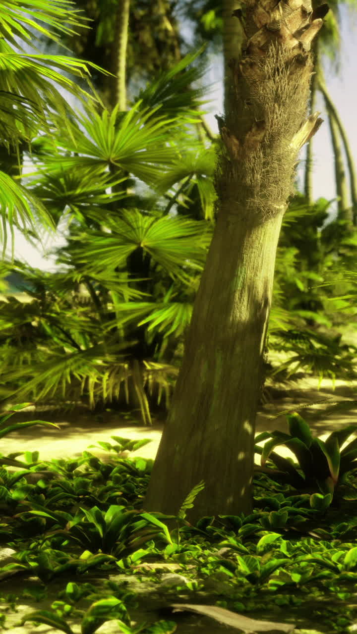 Lush tropical vegetation thrives under bright sunlight in a serene forest