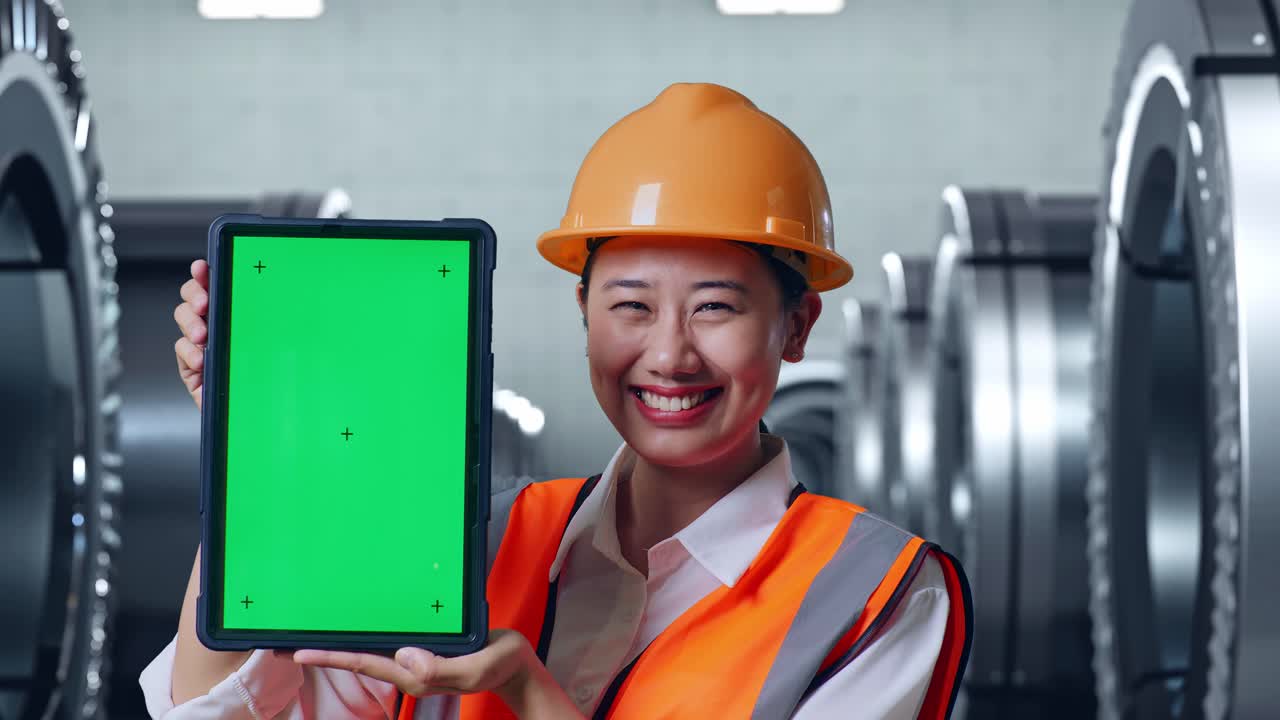 공장에서 녹색 화면을 가진 태블릿을 들고 있는 엔지니어