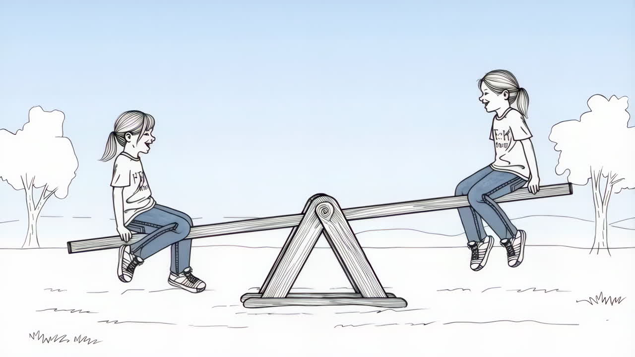 Two Girls Playing on a Seesaw