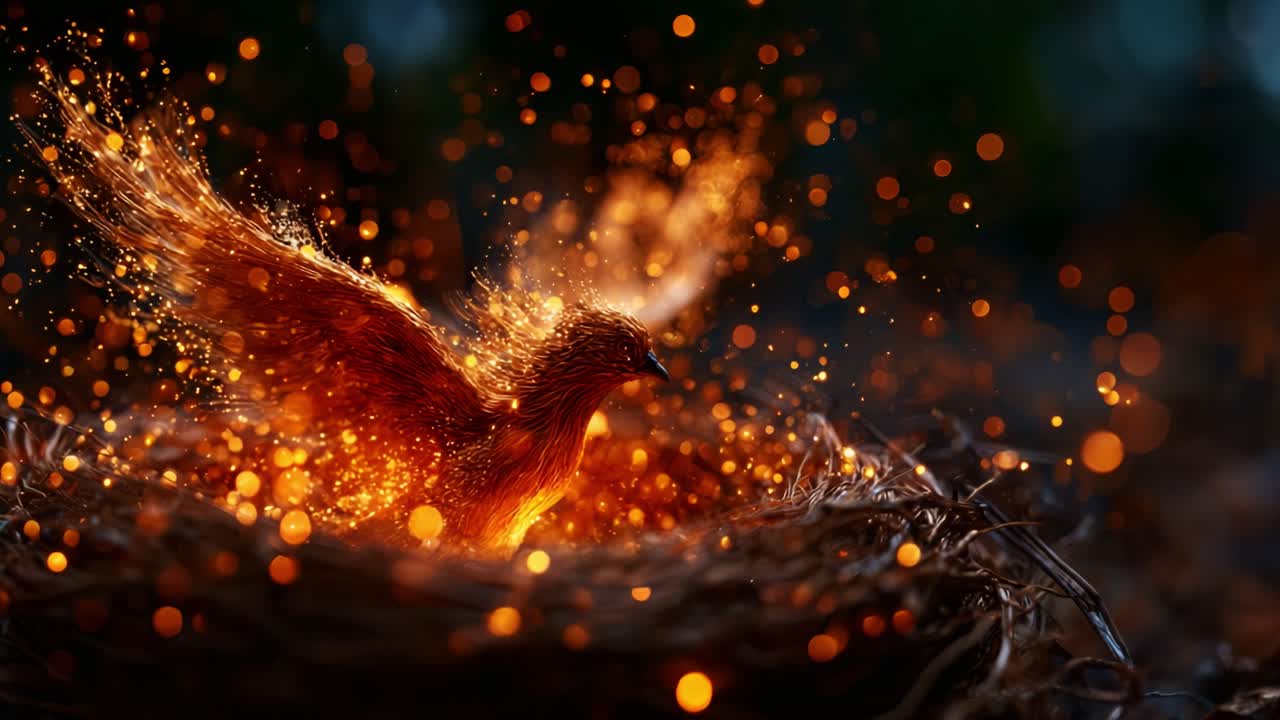 A Magnificent Firebird Emerges from Its Nest in a Blaze of Sparkling Embers, Symbolizing Rebirth and Transformation in a Stunning Display of Light and Colorful Flames