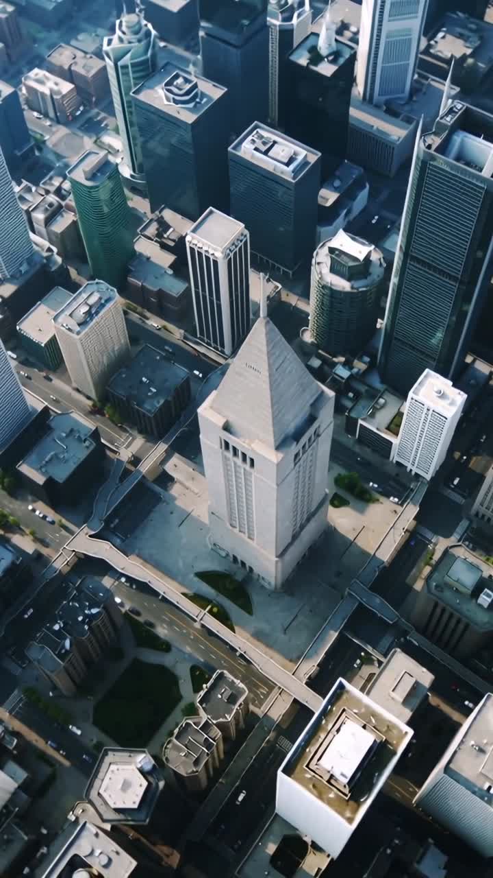 Vídeo vertical: Inclinação inicial da câmera revelando torre piramidal acima de praça central com passarelas elevadas