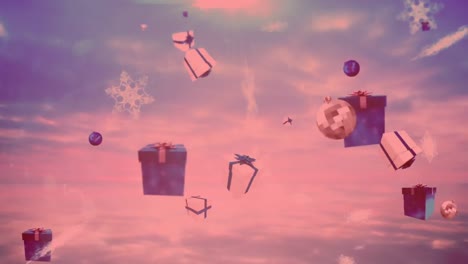 snowflakes, christmas baubles and gift icons falling against clouds in the sky