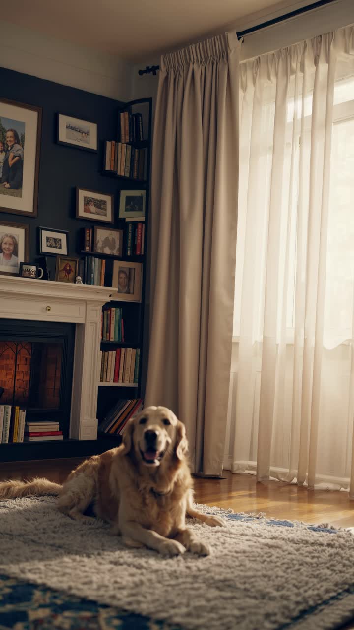 Cozy living room scene with a dog lying on a rug, captured from a low angle