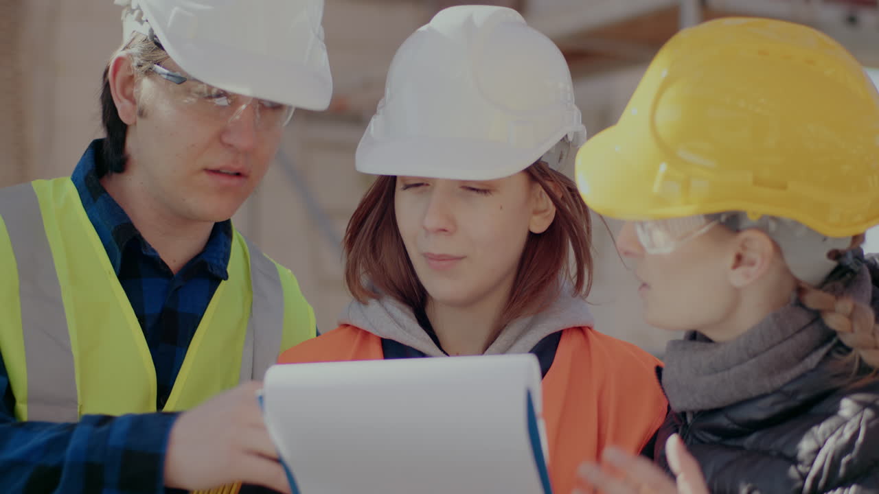 Portrait of confident young female worker with coworker listening to instructions from contractor at construction site