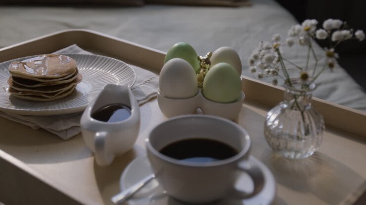 Easter Breakfast Tray with Pancakes, Eggs, and Coffee