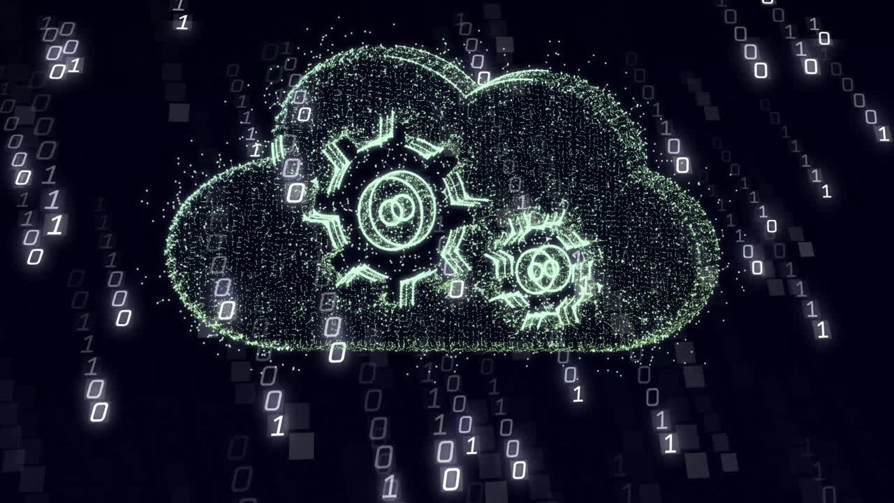 animación de computación en la nube y procesamiento de datos con fondo de código binario