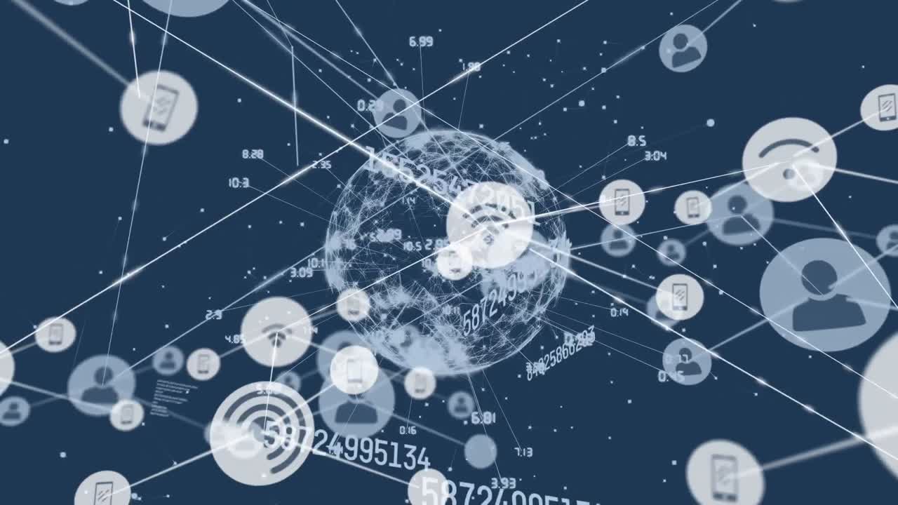 디지털 아이콘과 숫자가 바뀌는 글로브로 연결된 네트워크의 애니메이션