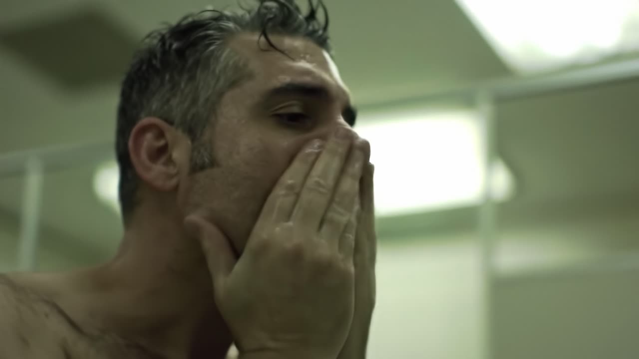 A Man Engages in a Moment of Reflection, Washing His Face, Capturing the Essence of Vulnerability and Self-Care in an Intimate Setting