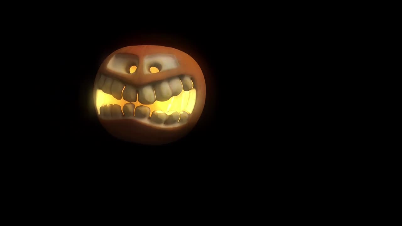 horror style background video with flying glowing smiling pumpkin on black background