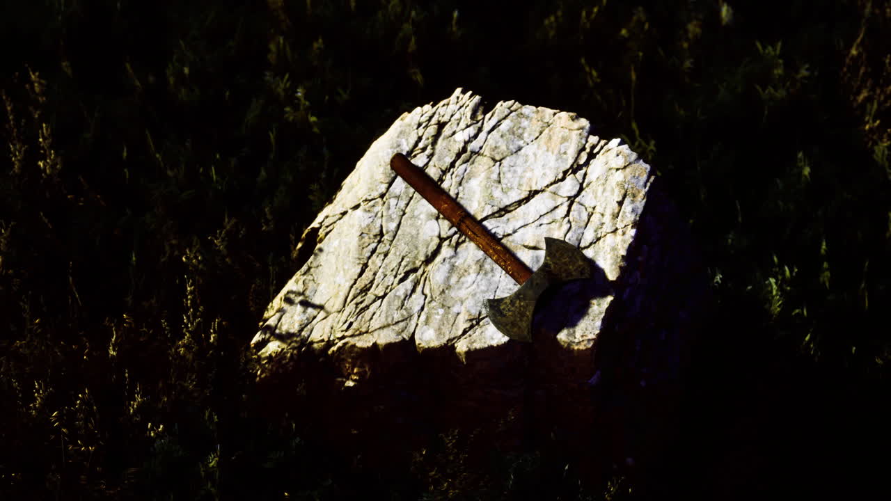 Rustic axe resting on a weathered stone in a grassy setting at dusk