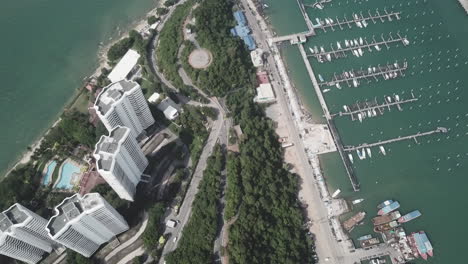 aerial view of coastal city marina and residential area