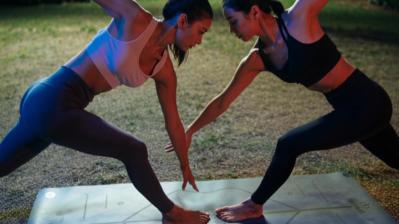 Donne che fanno yoga, in ginocchio per l'equilibrio, eseguono un affondo scorrevole sul prato al tramonto, con tappetino, gel e abbigliamento sportivo.