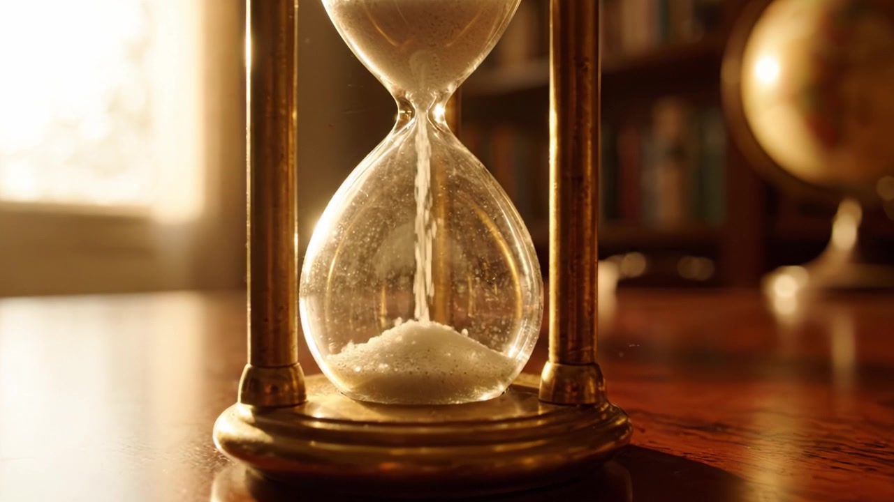 Il Passaggio del Tempo Catturato: Un Primo Piano di una Clessidra Trasforma la Luce Solare in Momenti di Riflessione in un Ambiente di Studio Accogliente.