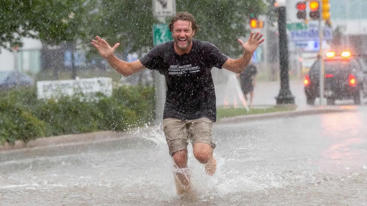Joyful Moments: A Person Embraces the Rain While Running Through a Flooded Street, Celebrating Nature's Fury and Spontaneous Fun