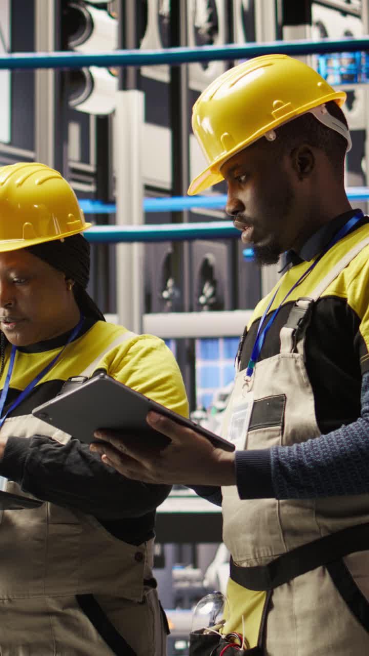 Vertical video Team of smart factory mechanics working together to test systems