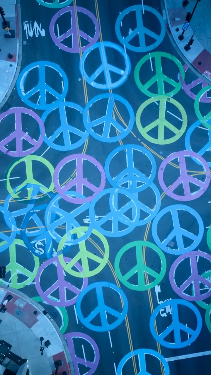 Vertical video: Slow drone pan revealing pastel peace mural on city street to show mural extent