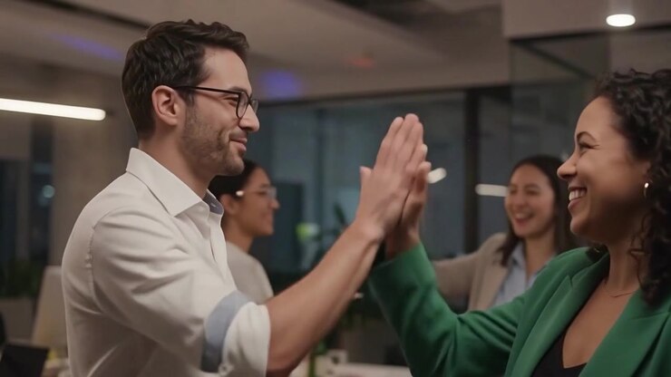 Colleagues Celebrating and High-Fiving at an Office Party