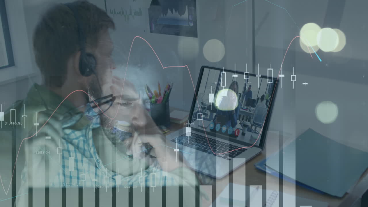 animazione dell'elaborazione delle statistiche su due uomini che utilizzano un computer e un portatile in videochiamata