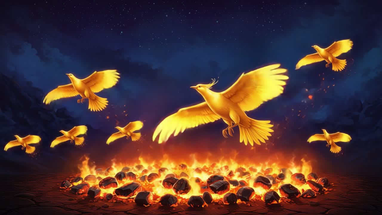A Spectacular Display of Golden Birds Rising from a Fiery Inferno, Symbolizing Transformation and Rebirth in a Magical Night Sky