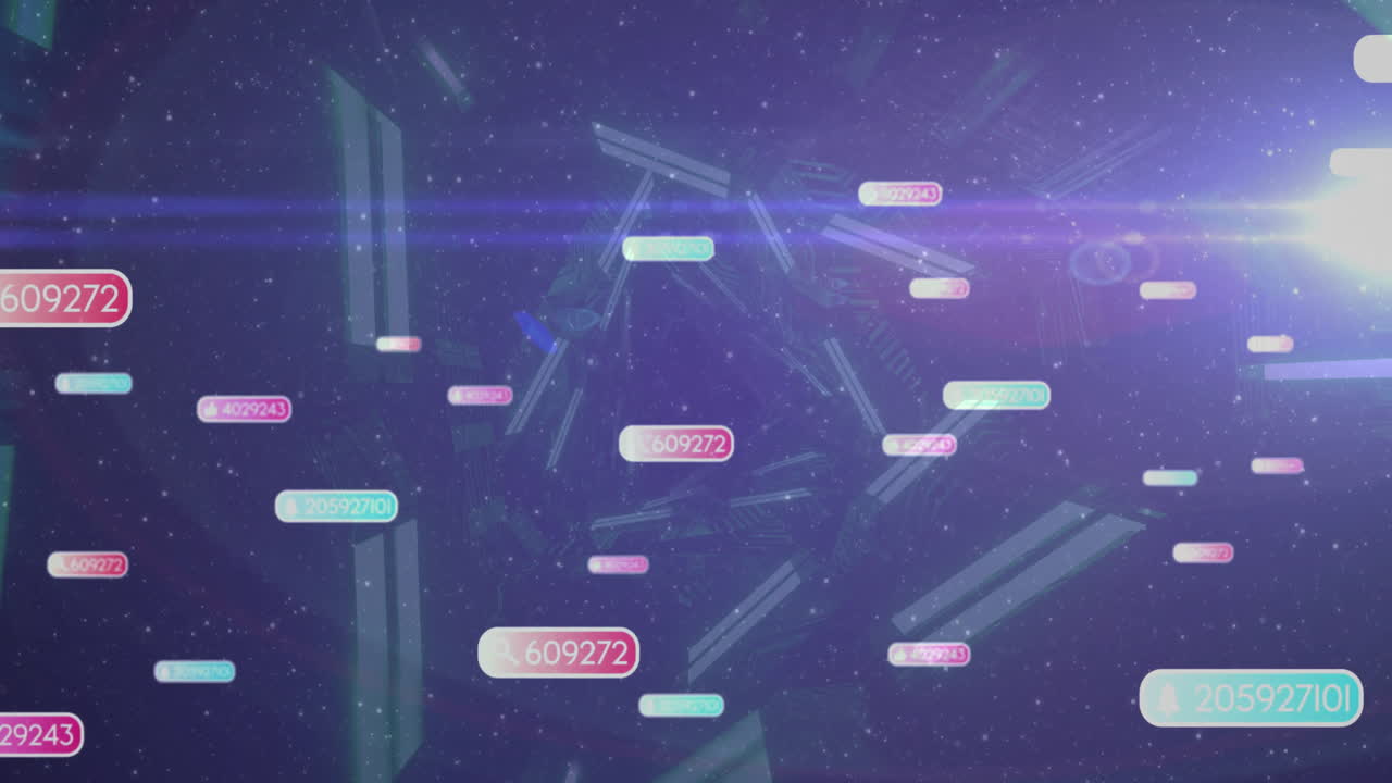 Floating numbers and digital animation over cosmic background with lens flare