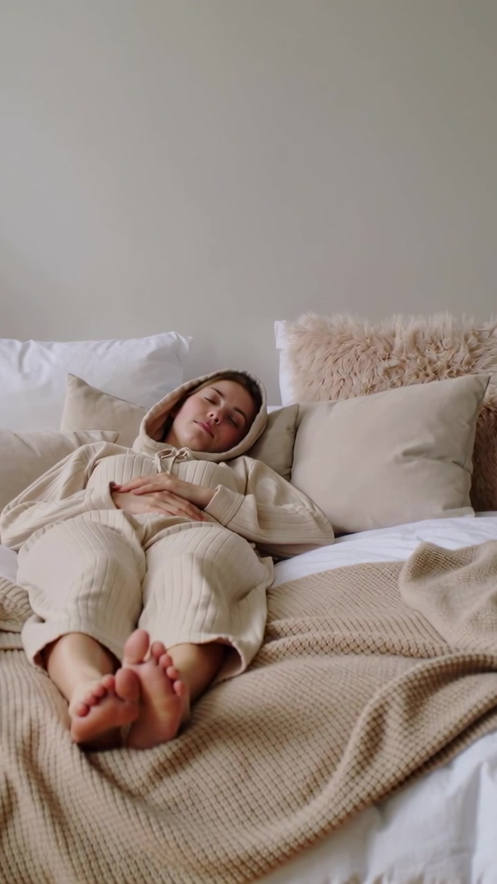 Video verticale: Donna che respira in abbigliamento da casa beige che sposta la testa e riposa sul letto con i cuscini.