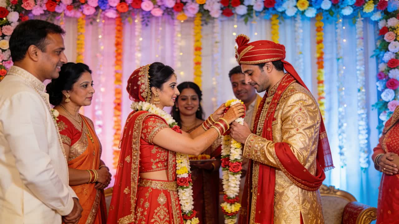 Brud i rød lehenga placerer en guirlande på gommen i guld sherwani ved mandappen, under udførelse af ritual.