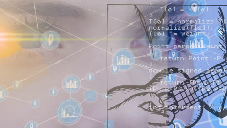 animation of network of connections with data processing over female eye