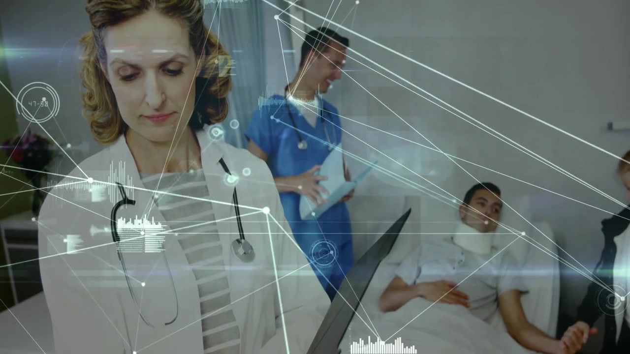 Doctora desplazándose y escribiendo en un portátil, iniciando una superposición de métricas para monitorear los signos vitales del paciente.