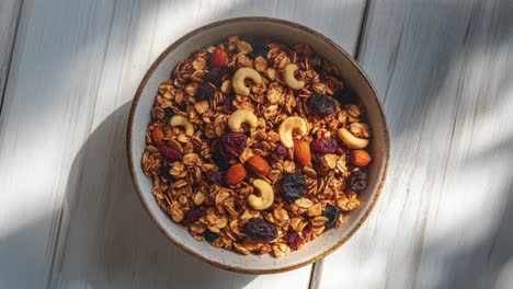 un plato de granola con almendras, caju, pasas y arándanos