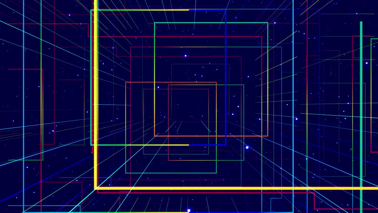 Motion graphic, camera fly throungh abstract art space, multilayer structure with pattern and particles. Glow rectangles, streaks and lines. Rainbow gradient color. Motion design vj loop. 3d structure