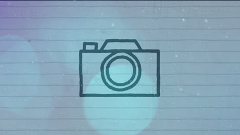 라인 된 종이 배경에 카메라 아이콘 위에  입자와 파란 bokeh 조명의 애니메이션