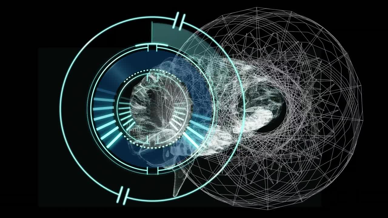 디지털 뇌와 검은색 배경에  ⁇ 색 모양의 범위 스캐닝의 애니메이션