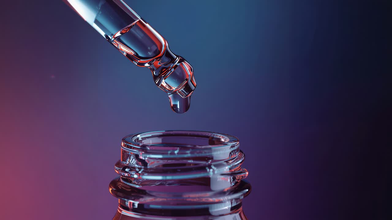 Dripping glass dropper releasing thick pink drops into bottle neck on studio table showing tension