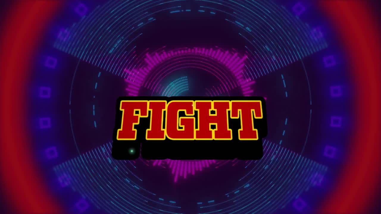 어두운 배경에 다채로운 움직이는 원 위에 싸움 텍스트의 애니메이션