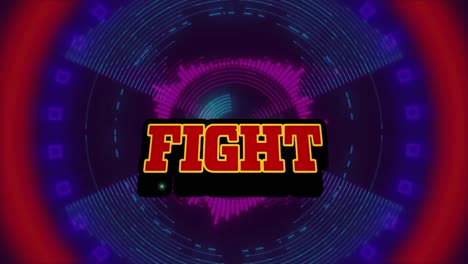 Animation-of-fight-text-over-colorful-moving-circles-on-dark-background