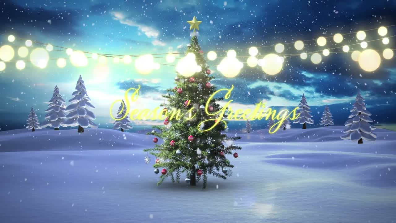 Animation of season's greetings text with fairy lights over christmas tree and winter landscape