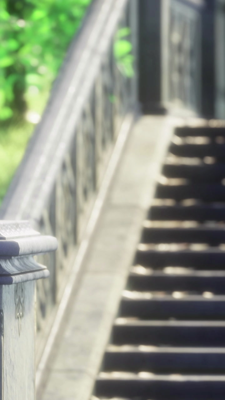 Stairs and railing near a green area on a sunny day in springtime