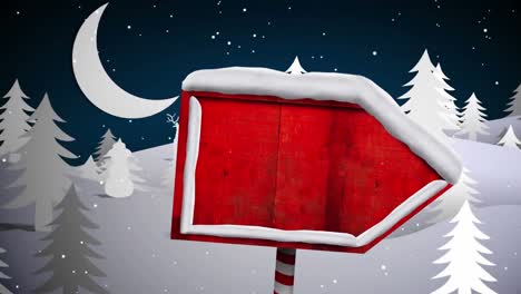 snow falling over sign post on winter landscape over santa claus in sleigh being pulled by reindeers
