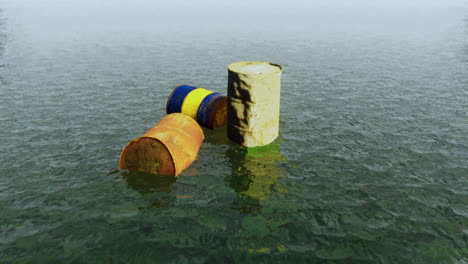 discarded barrels floating in a calm body of water during daylight