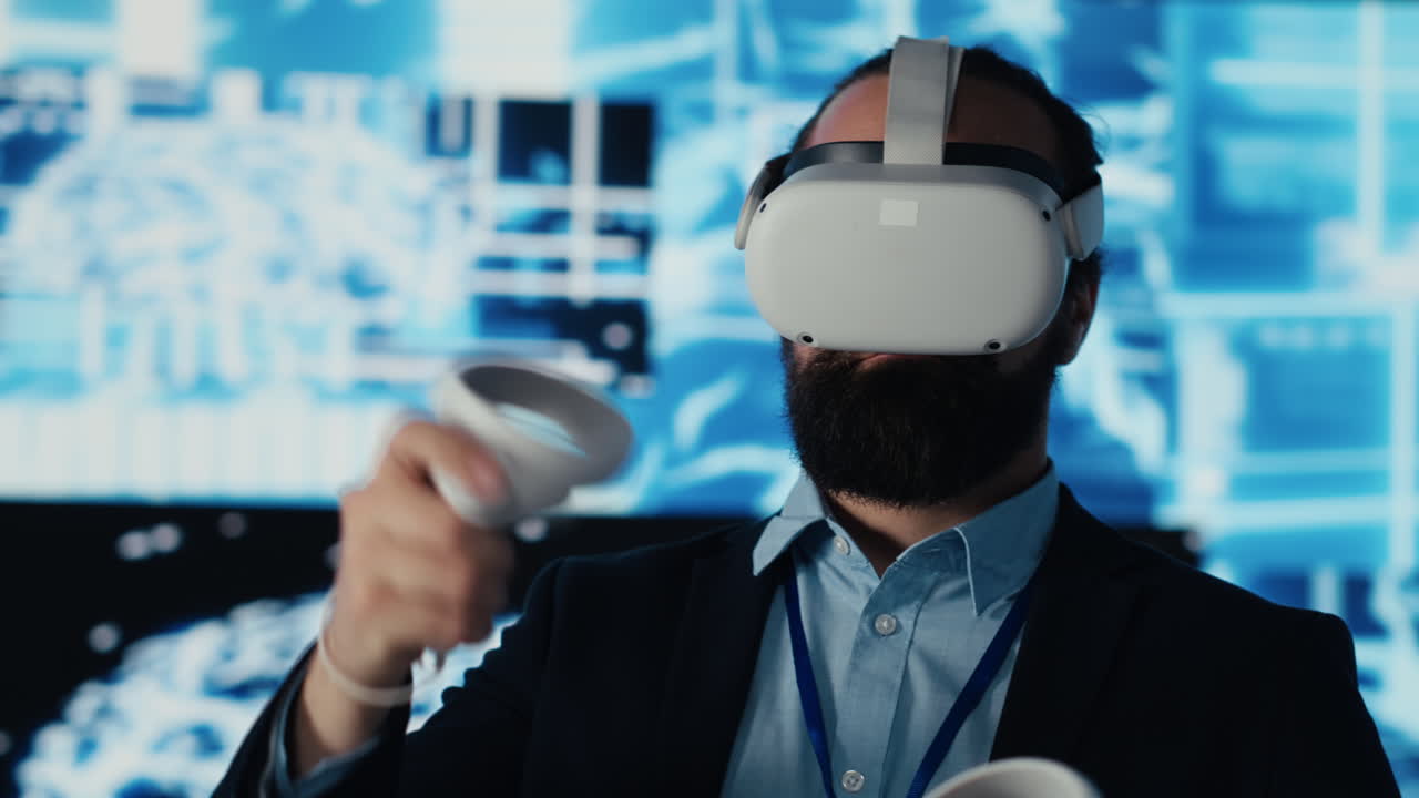 Professional technician uses VR headset and AI brain functions