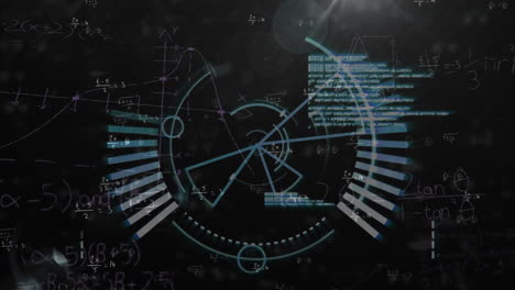 animación de escáner circular, ecuaciones matemáticas y datos sobre fondo negro